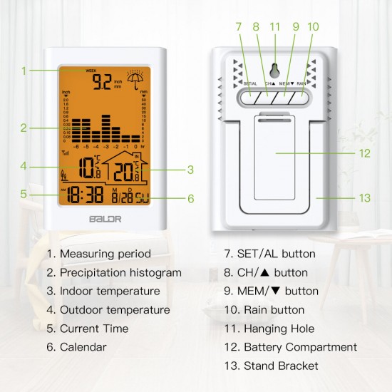 BALDR Wireless Rain Meter Gauge Weather Station Alarm Clock Orange Warm Backlight indoor outdoor Temperature Recorder with Temperature Sensor