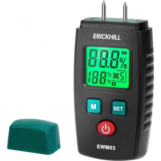 ERICKHILL EWM03 Compact Wood Moisture Meter Accurate Portable with Multifunction Capabilities Measures Wood Firewood Brick and Paper With Backlit LCD Display Auto Power Off and Data Hold