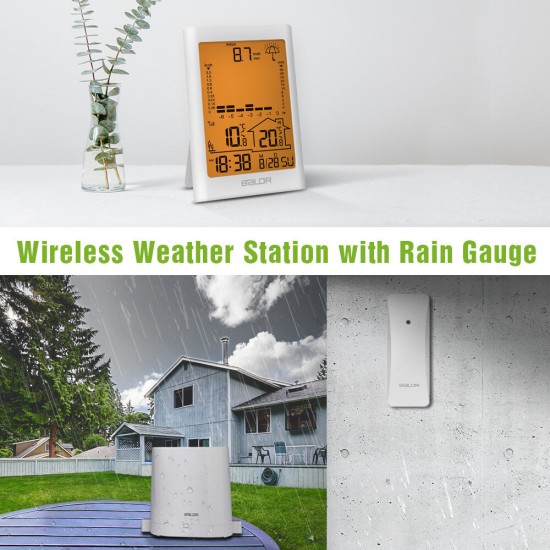 BALDR Wireless Rain Meter Gauge Weather Station Alarm Clock Orange Warm Backlight indoor outdoor Temperature Recorder with Temperature Sensor