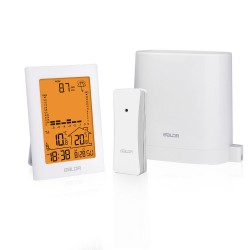 BALDR Wireless Rain Meter Gauge Weather Station Alarm Clock Orange Warm Backlight indoor outdoor Temperature Recorder with Temperature Sensor