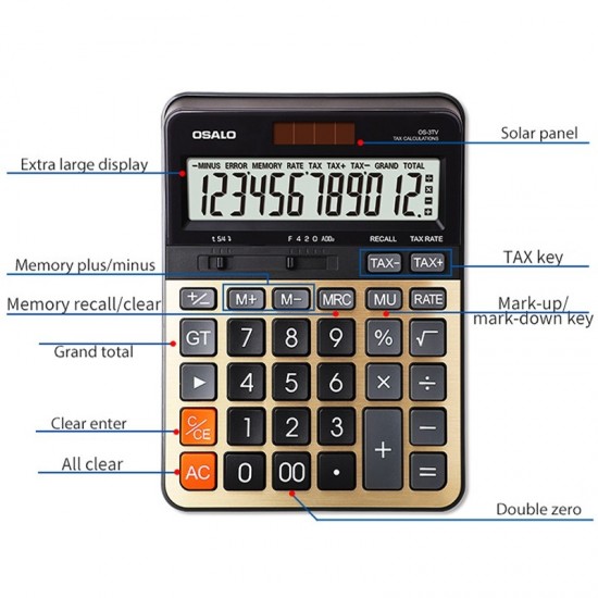 OSALO OS  3TV 12  digit LCD Screen Solar Dual Power Supply Desktop Calculator