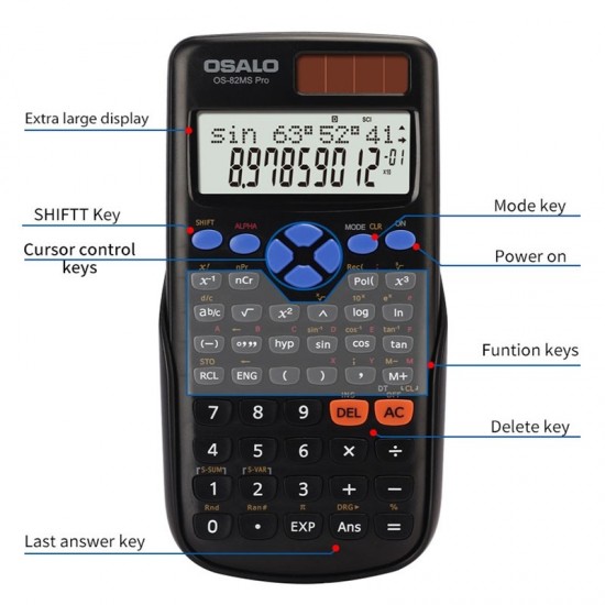 OSALO 240 Functions LCD Screen Solar Dual Power Supply Plug  in Teaching Calculator