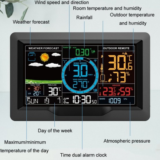 Wireless Weather Station Wind Speed Rain And Wind Direction Detection Weather Forecast Clock  Black