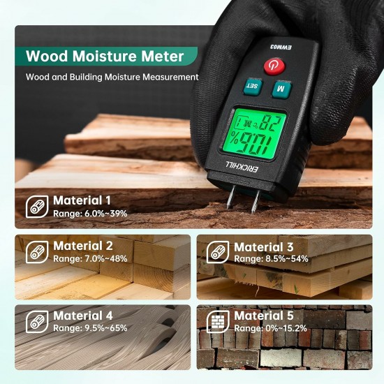 ERICKHILL EWM03 Compact Wood Moisture Meter Accurate Portable with Multifunction Capabilities Measures Wood Firewood Brick and Paper With Backlit LCD Display Auto Power Off and Data Hold